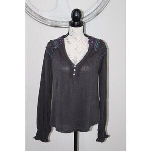 Free People Top Blouse  Siesta Fiesta Gray Embroidered Size Large